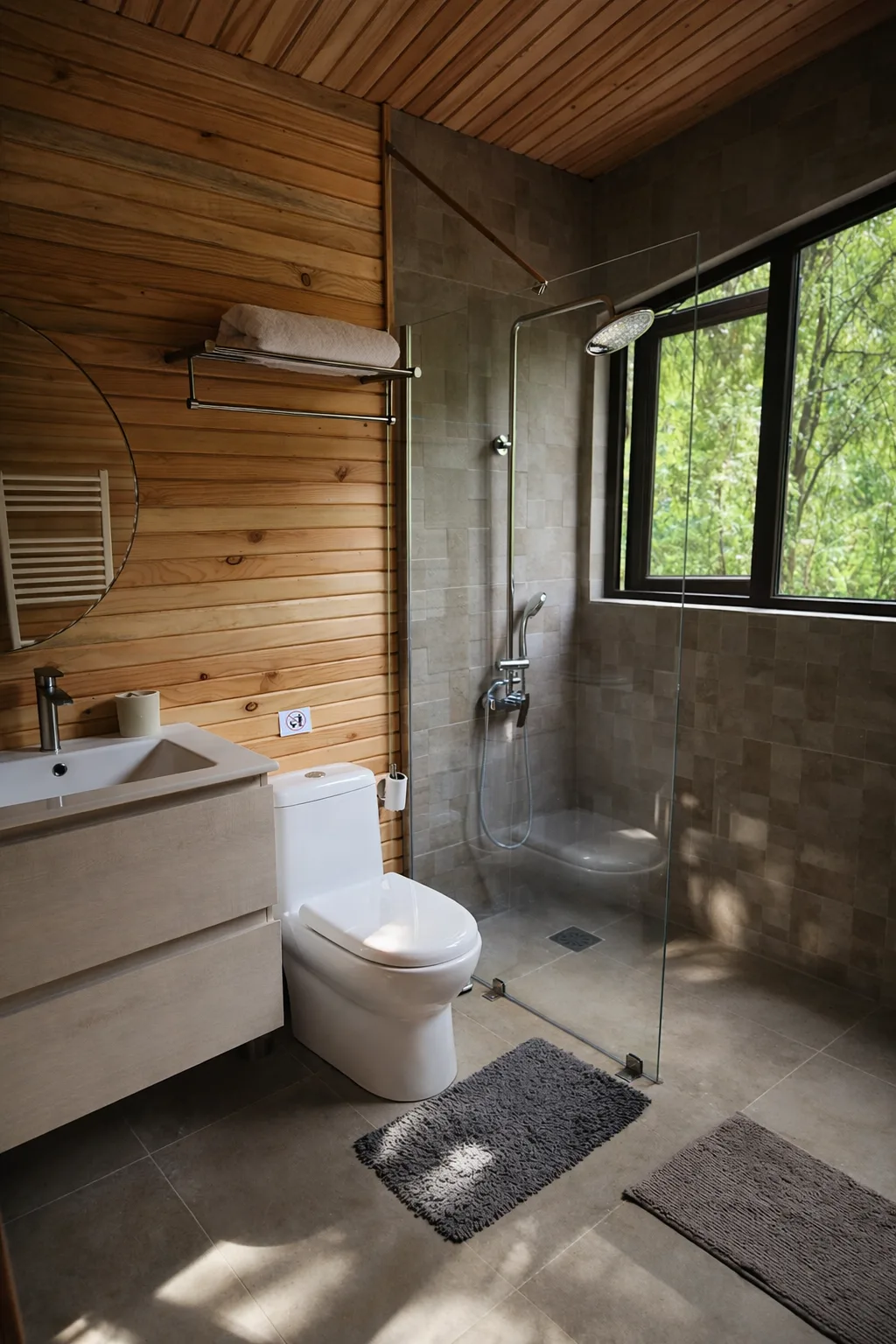Baño con vista al bosque