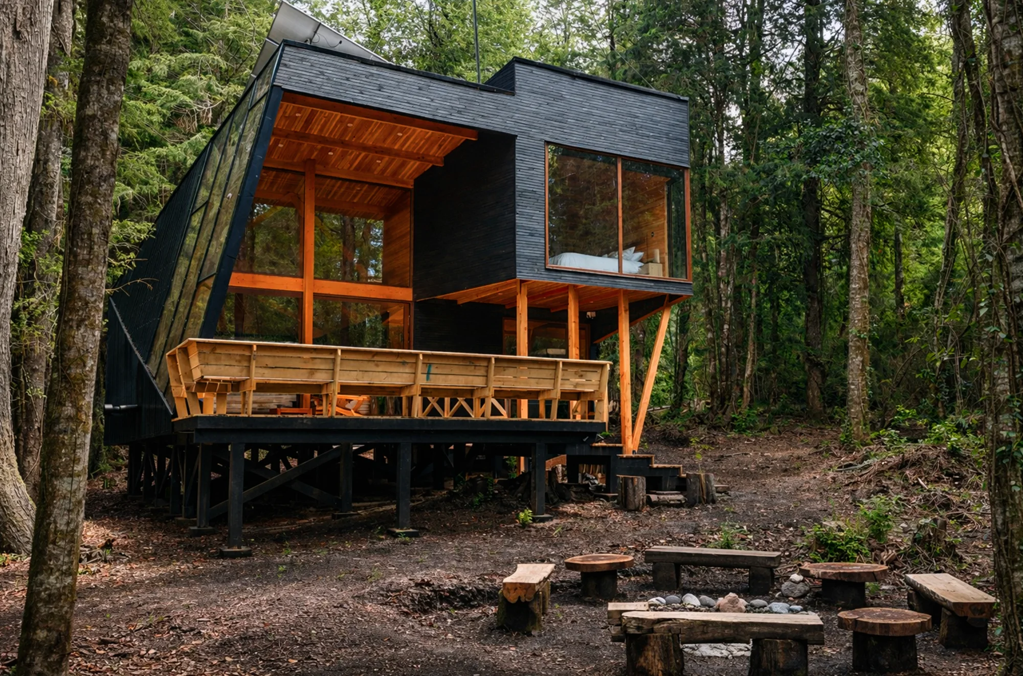 El lodge entre coigües al caer la tarde