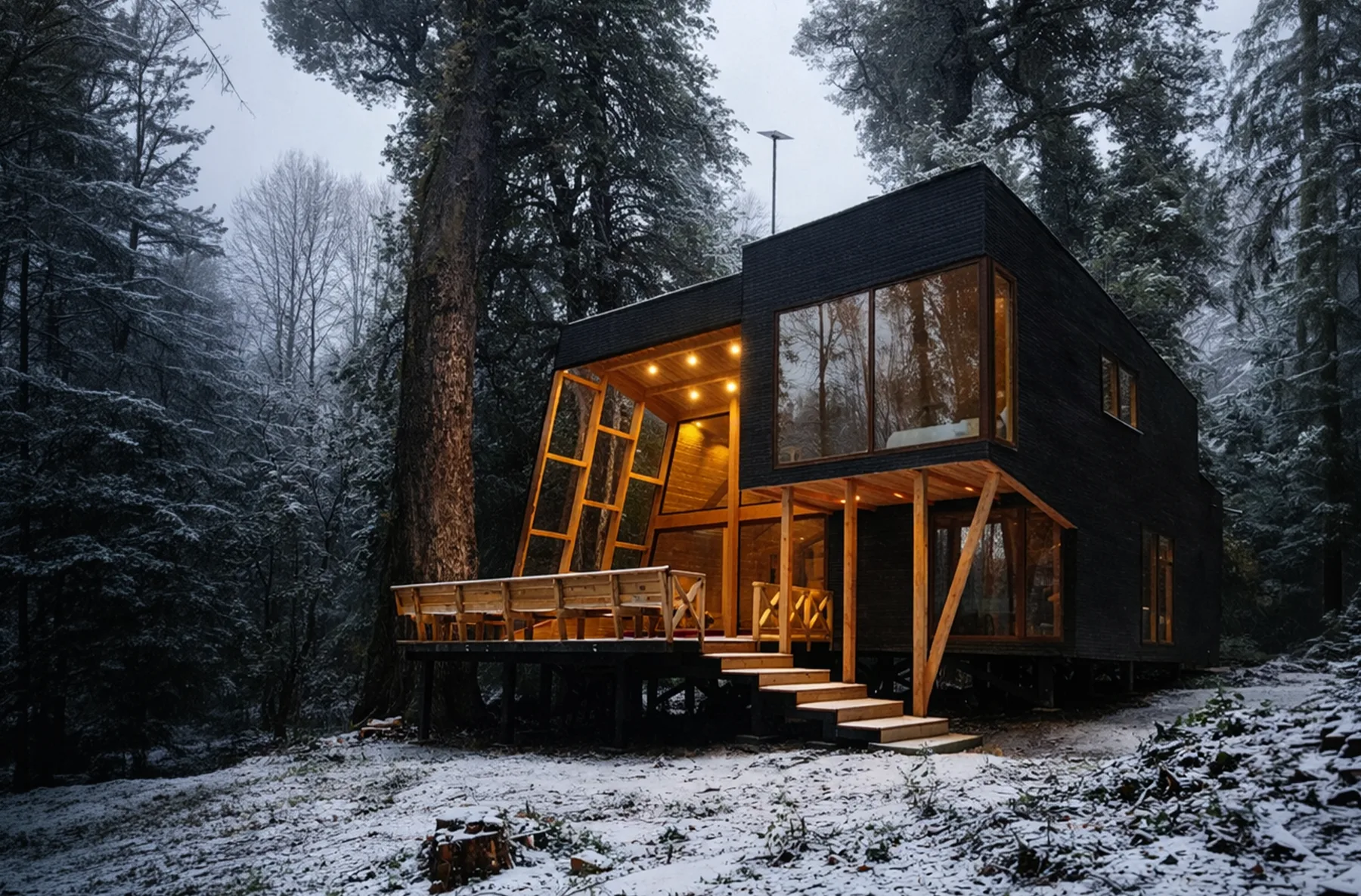 El lodge entre el bosque nevado