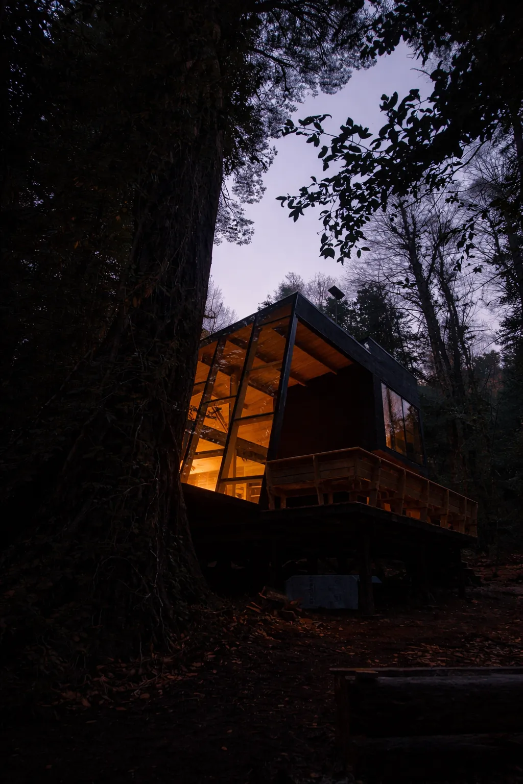 La casa iluminada al anochecer entre los coigües